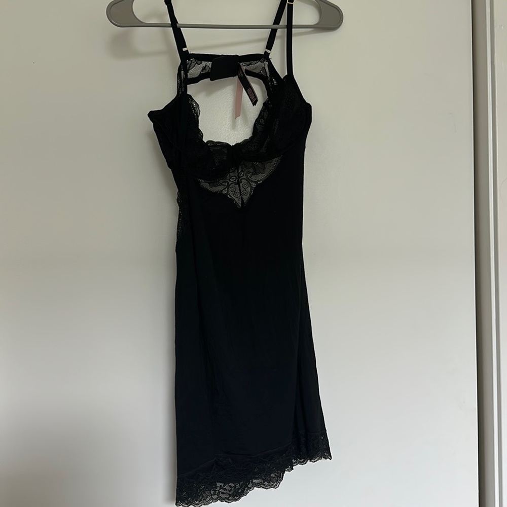 NEW w/ tags black Teddy slip lingerie dress w/ but in bra lace
